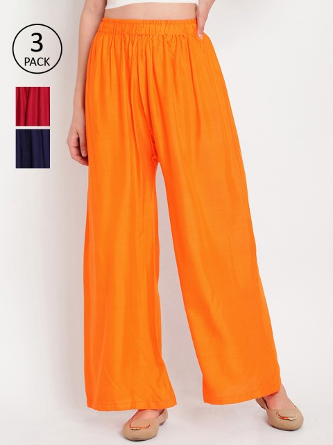 

TAG 7 Women Pack Of 3 Solid Flared Palazzos, Orange