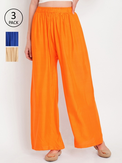 

TAG 7 Women Pack of 3 Multicoloured Solid Wide Leg Palazzos, Orange
