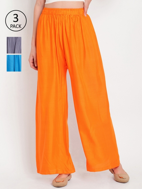 

TAG 7 Women Pack Of 3 Solid Flared Palazzos, Orange