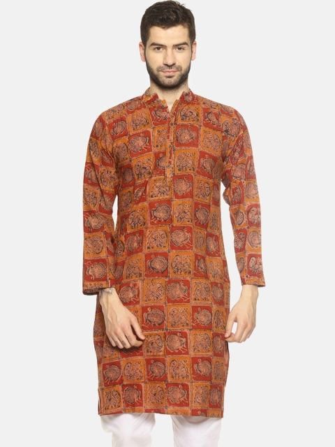 

PAROKSH Men Rust Orange & Navy Blue Kalamkari Printed Straight Kurta
