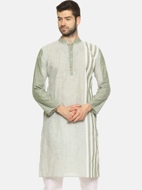 

PAROKSH Men Olive Green & White Striped Straight Kurta