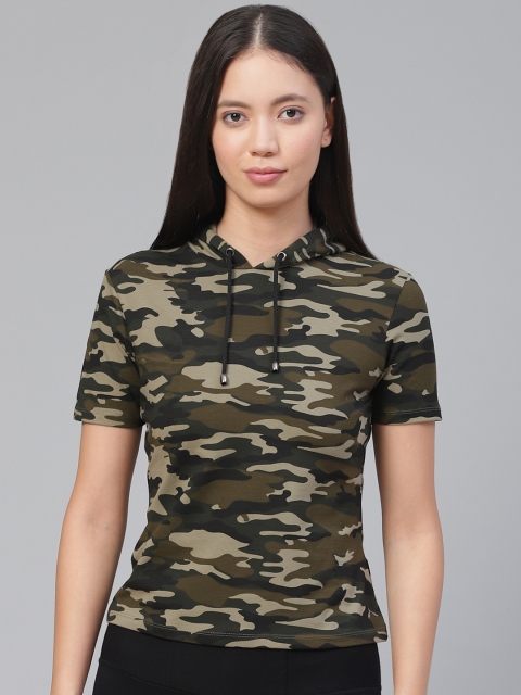 

VividArtsy Women Olive Green Black Camouflage Printed Hooded Pure Cotton T-shirt