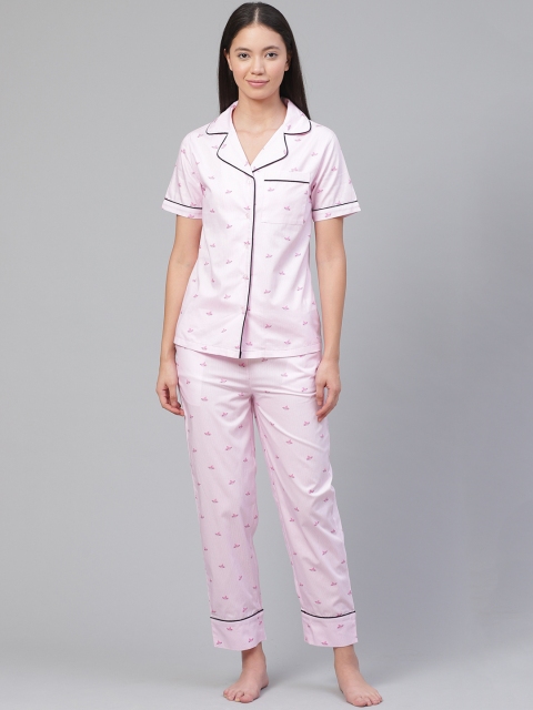 

VividArtsy Women Pink Bird Print Night suit