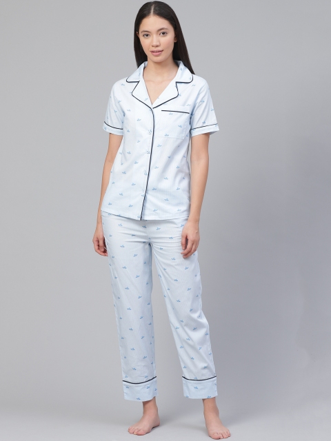 

VividArtsy Women Blue Bird Print Night suit