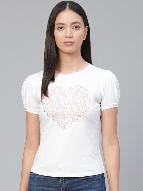 

VividArtsy Women White & Pink Printed Round Neck T-shirt