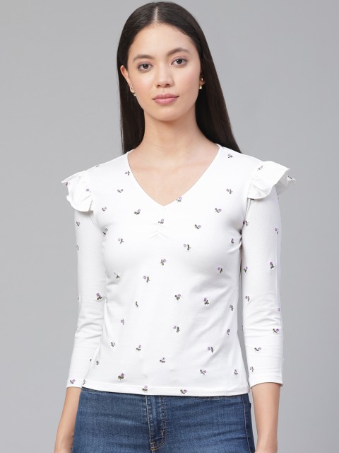 

VividArtsy Women White & Purplr Embroidered Top