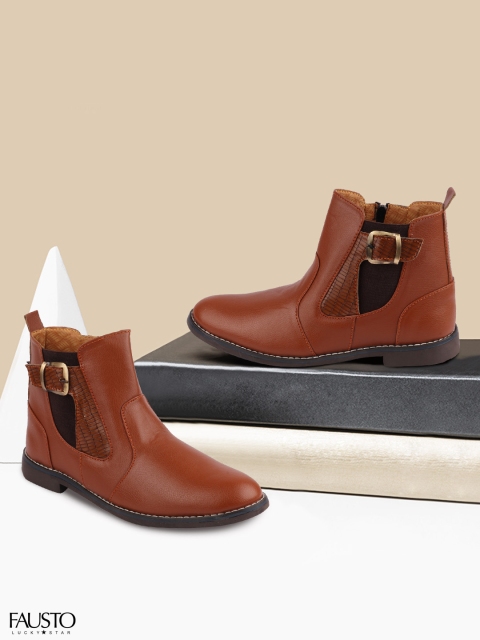 

FAUSTO Men Tan Brown Solid Mid-Top Flat Boots
