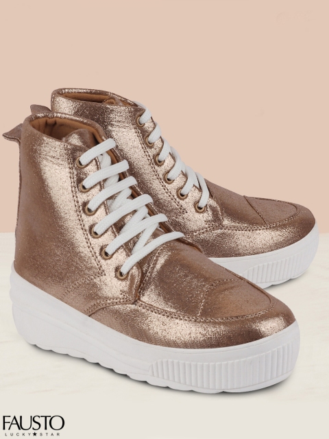 

FAUSTO Women Gold-Toned Solid Lightweight High-Top Sneakers