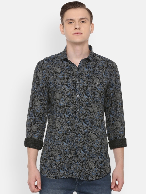 

V Dot Men Black & Blue Slim Fit Floral Printed Casual Shirt