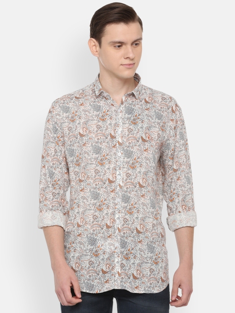 

V Dot Men Cream-Coloured & Orange Slim Fit Floral Printed Casual Shirt