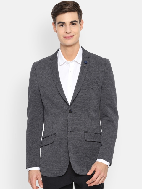 

V Dot Men Grey Self Design Slim-Fit Single-Breasted Formal Blazer, Charcoal