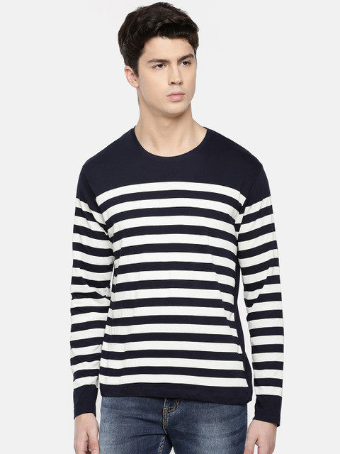 

Braveo Men Navy Blue & White Striped Round Neck T-shirt