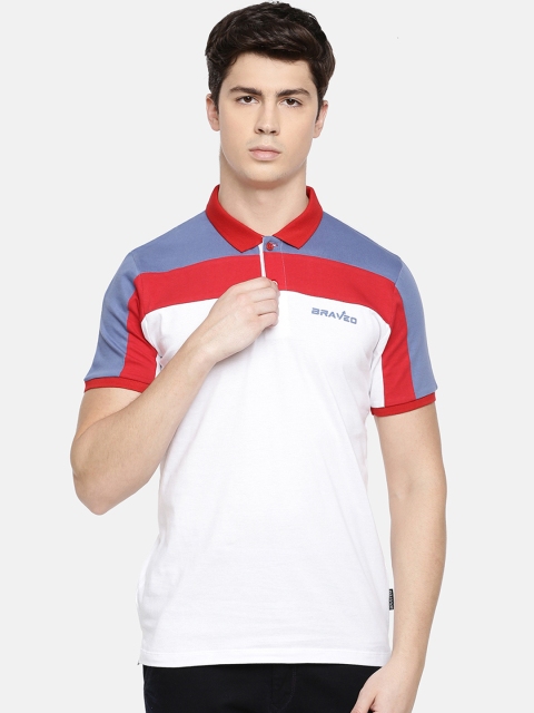 

Braveo Men White & Red Colourblocked Polo Collar T-shirt