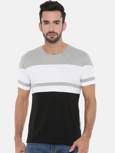 

Braveo Men Grey Melange Black Colourblocked Round Neck Pure Cotton T-shirt