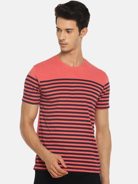 

Braveo Men Coral Pink & Black Striped Round Neck T-shirt
