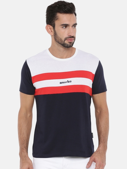 

Braveo Men Navy Blue & White Cut & Sew Detailing Colourblocked Round Neck T-shirt