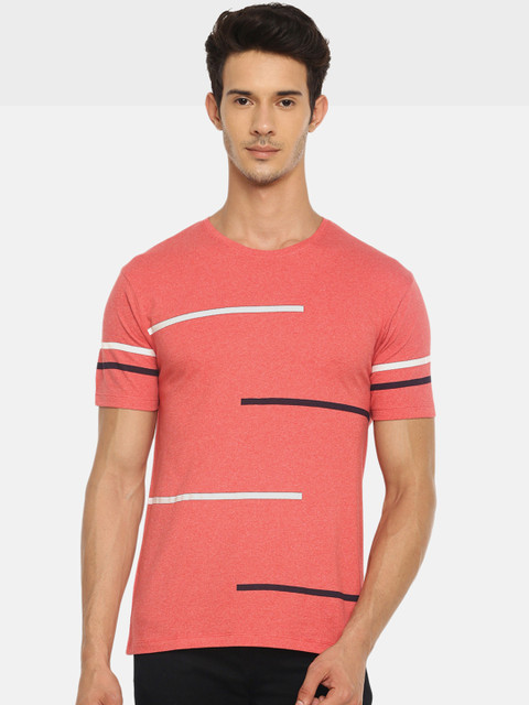 

Braveo Men Peach-Coloured Striped Round Neck T-shirt