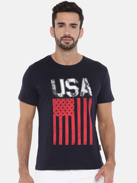 

Braveo Men Navy Blue & Red Printed Round Neck Pure Cotton T-shirt
