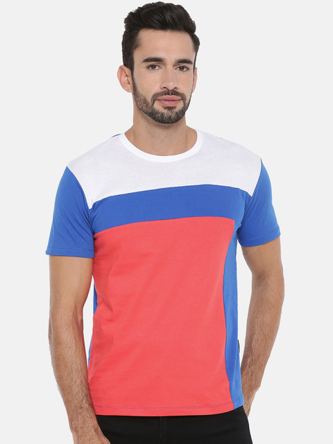 

Braveo Men Coral Pink & Blue Cut & Sew Detailing Colourblocked Round Neck T-shirt