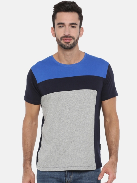 

Braveo Men Blue& Grey Slim Fit Colourblocked Round Neck T-shirt