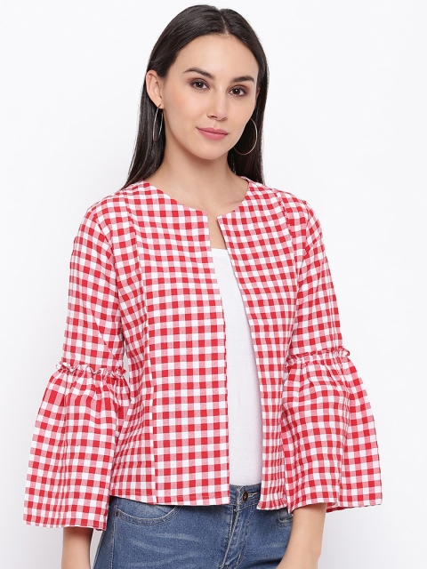 

FABNEST Women Red & White Checked Open Front Jacket