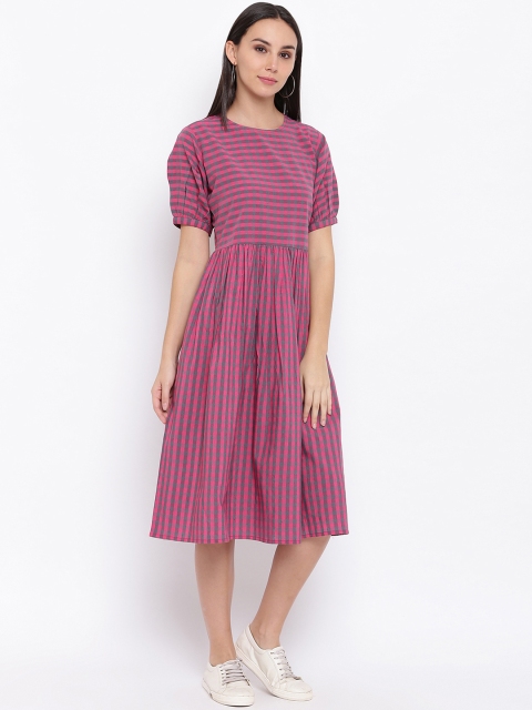 

FABNEST Women Pink Checked Fit and Flare Dress