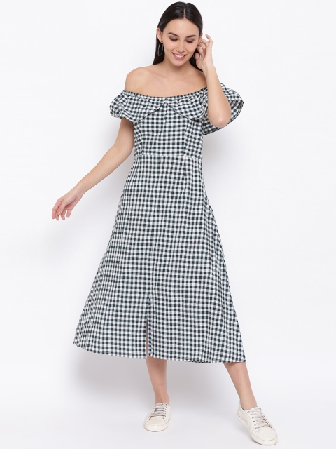 

FABNEST Women Green & White Checked Fit and Flare Dress