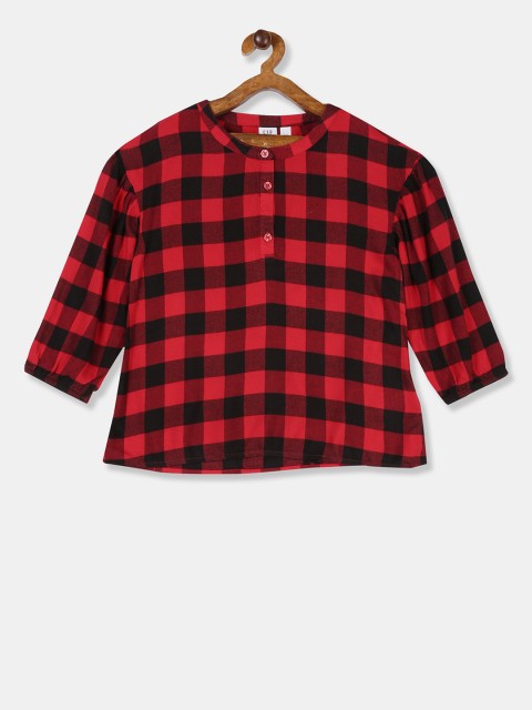 

GAP Girls Red & Black Checked Elasticized Sleeve Hem Plaid Top