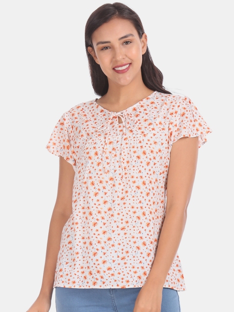 

Cherokee Women White & Orange Floral Printed Top