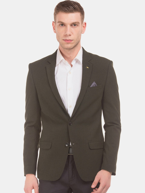 

Arrow Men Olive Green Self Design Slim-Fit Single-Breasted Blazer