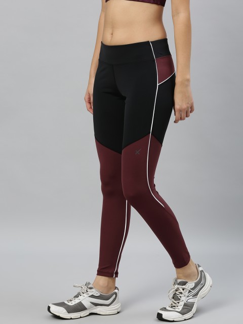 

HRX by Hrithik Roshan Women Black & Burgundy Rapid Dry Antibacterial Training Tights