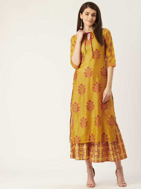 

PINKSKY Women Mustard Yellow & Red Printed Kurta with Sharara