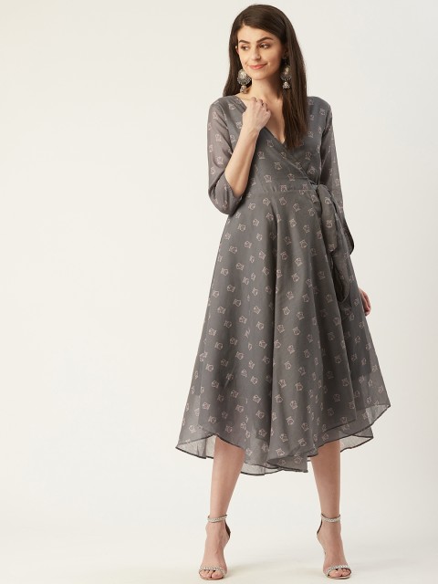 

PINKSKY Women Grey Printed Wrap Dress