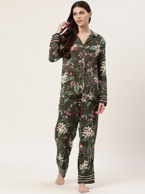 

Marks & Spencer Women Olive Green Floral Print Pyjamas Set