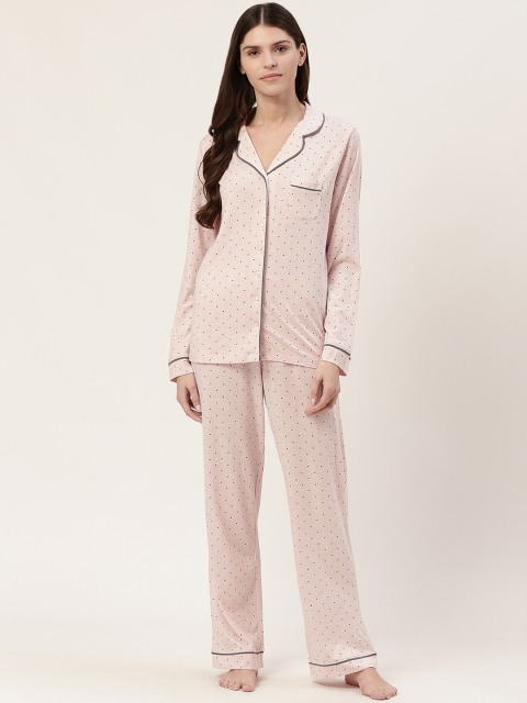 

Marks & Spencer Women Dusty Pink & Charcoal Grey Micro Dot Print Pyjamas Set