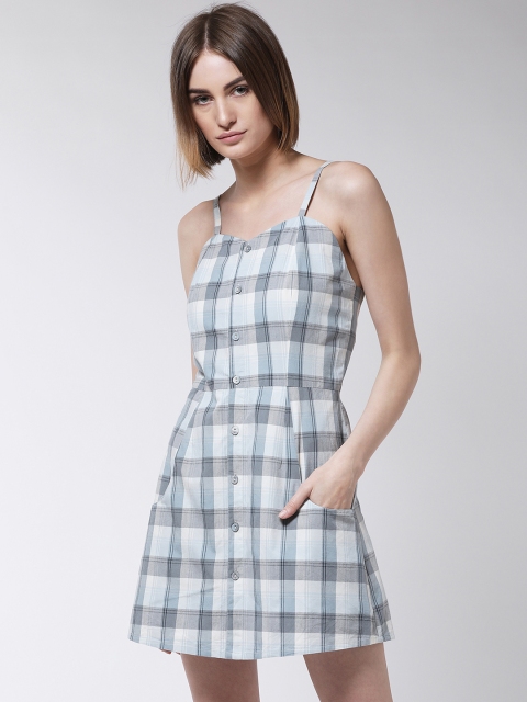 

MAGRE Women White and Grey Checked Fit and Flare Dress