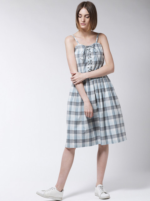 

MAGRE Women White and Grey Checked Fit and Flare Dress