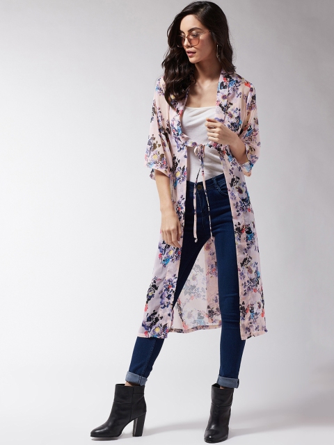 

MAGRE Women Peach Floral Print Tie-Up Shrug
