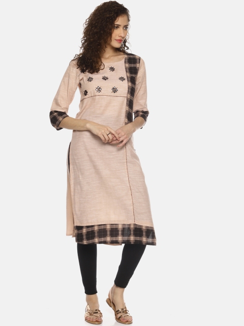 

La Bele Women Beige & Black Embroidered Mirror Work Straight Kurta