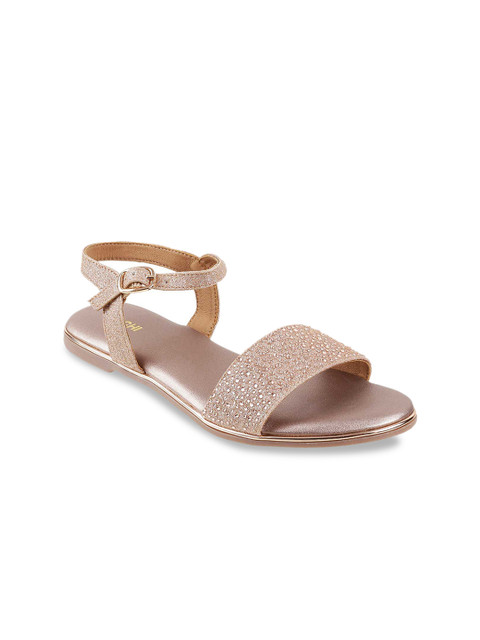 

Mochi Women Muted Gold-Toned & Pink Embellished Open Toe Flats