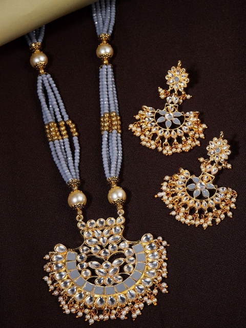 

GloBox By ZeroKaata Gold-Plated Grey & White Kundan-Studded Beaded Enamelled Handcrafted Jewellery Set