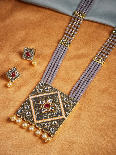 GloBox By ZeroKaata Gold-Plated Grey & Off-White Kundan & Pearl Studded Meenakari Handcrafted Jewellery Set