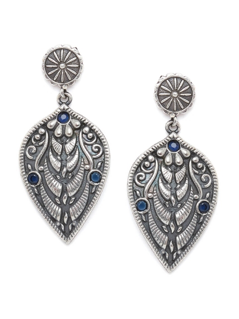 

GloBox By ZeroKaata Blue & Silver-Plated Oxidised Geometric Drop Earrings