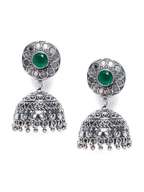 

GloBox By ZeroKaata Green & Silver-Plated Oxidised Handcrafted Dome Shaped Jhumkas