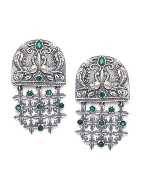 

GloBox By ZeroKaata Green & Silver-Plated Oxidised Geometric Drop Earrings