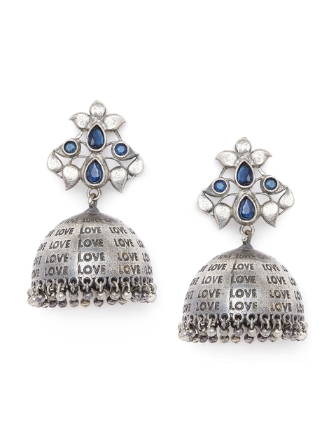 

GloBox By ZeroKaata Blue & Silver-Plated Oxidised Dome Shaped Jhumkas