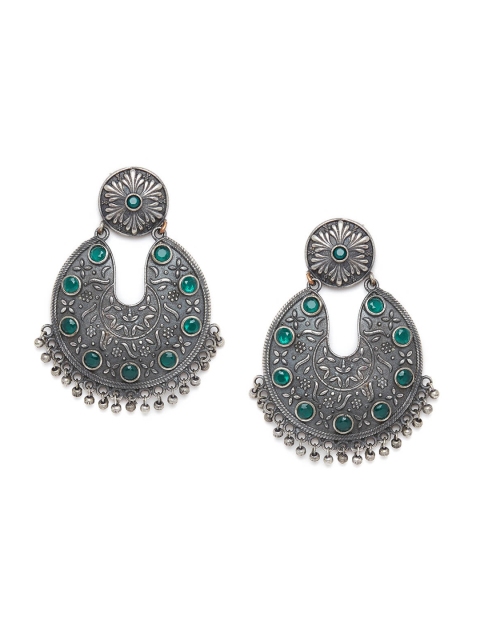 

GloBox By ZeroKaata Green & Silver-Plated Oxidised Handcrafted Chandbali Earrings