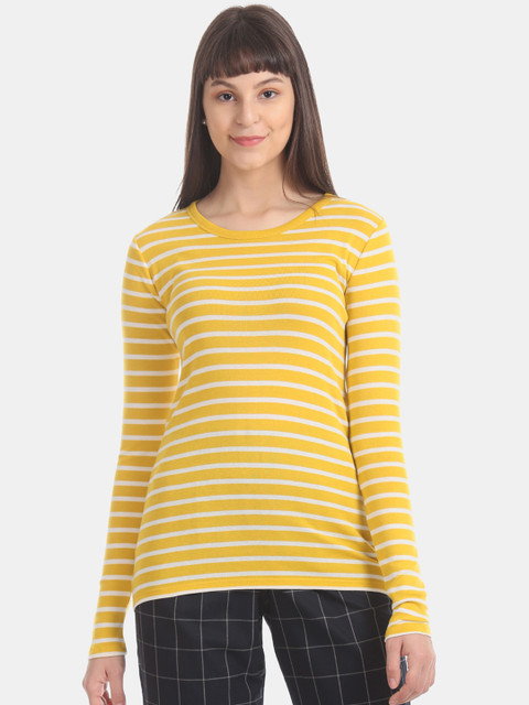 

GAP Women Yellow Striped Cotton Modal T-Shirt