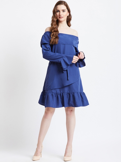 

AkaAyu Women Blue Solid Fit and Flare Dress