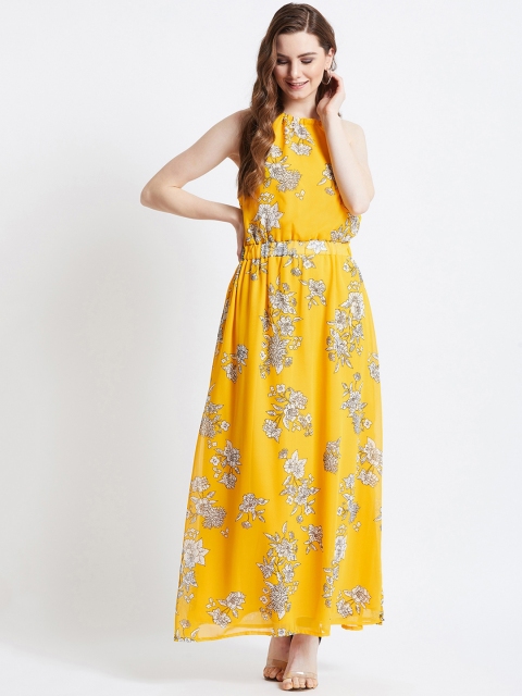 

AkaAyu Women Yellow & White Floral Printed Maxi Dress